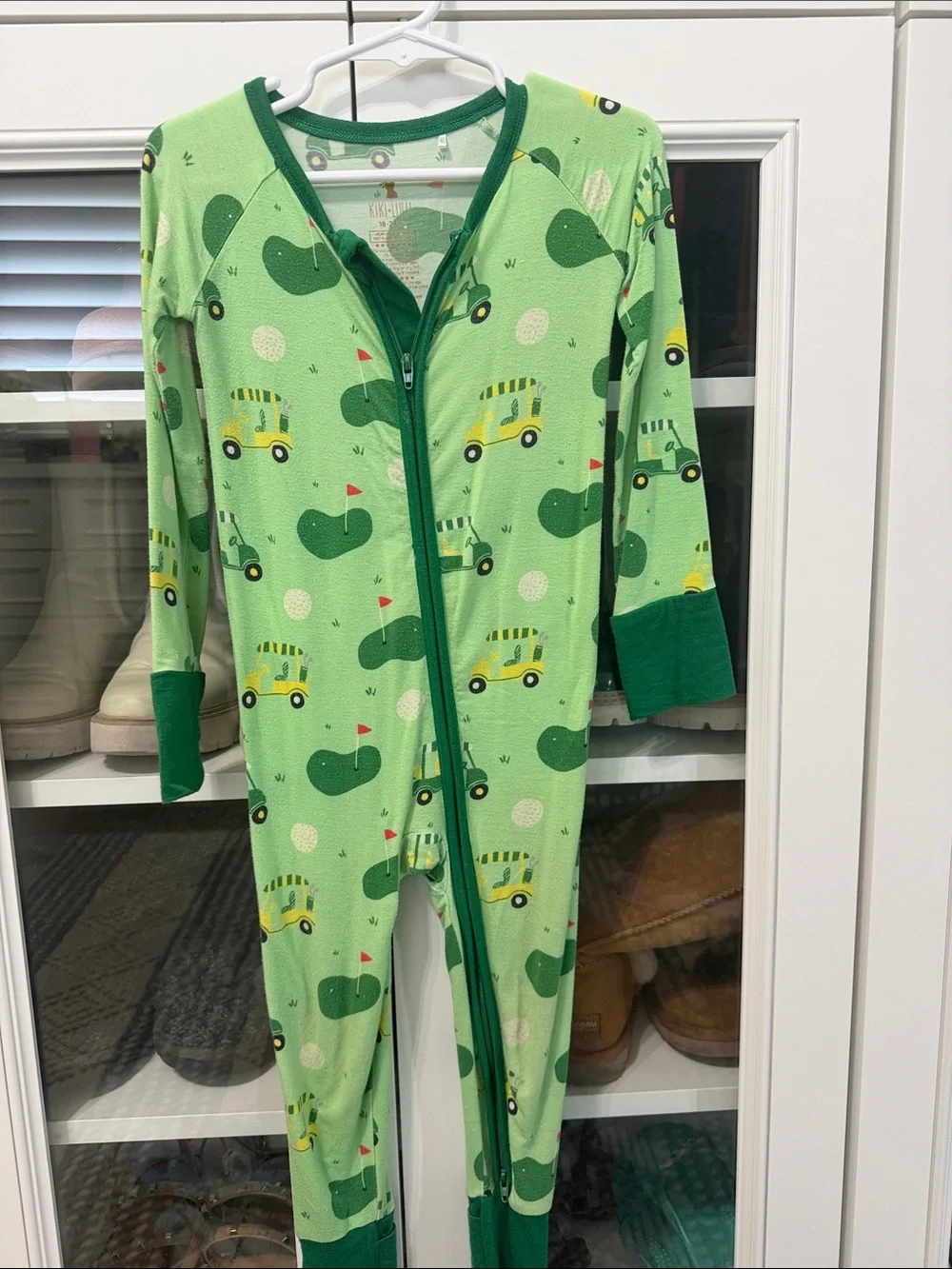 Green Golf Cart Print Kids Zip-Up Footed Pajama